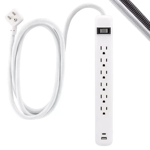 Power Strip 1 USB-A 1 USB-C 15W Shared 6' Braided Cord White: Lifetime Warranty, 14 AWG, 3.6 Amps