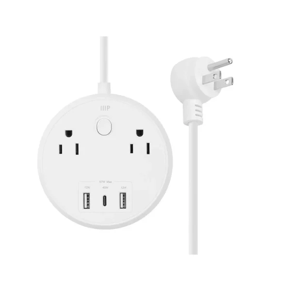 Monoprice USB-C Power Strip, 2 Outlets and 57W 3 USB with 5-Foot Extension Cord, Compact Travel Size, for MacBook Pro, iPad Pro, iPhone, and Galaxy